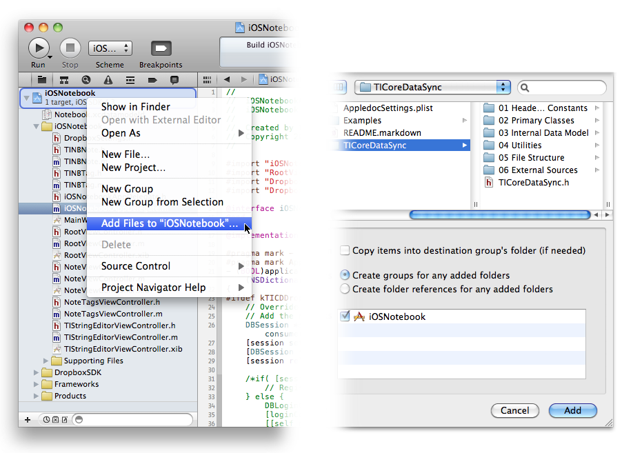 Adding the TICoreDataSync directory to the iOSNotebook project in Xcode 4