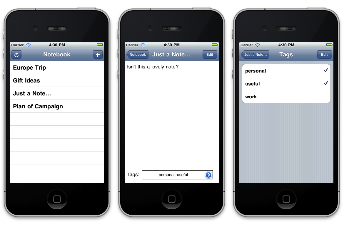 The iOSNotebook application running in the iPhone Simulator
