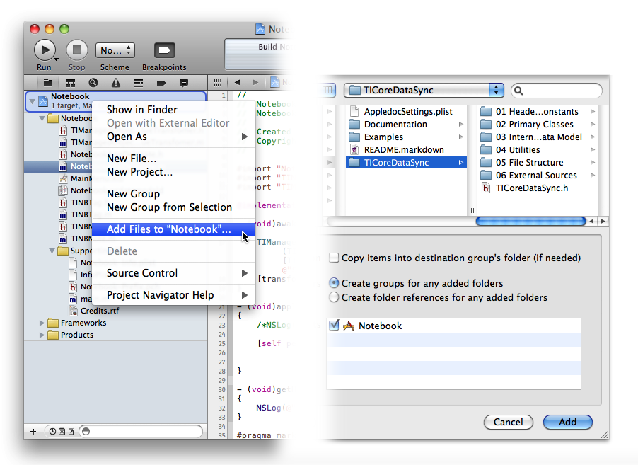Adding the TICoreDataSync directory to the Notebook project in Xcode 4