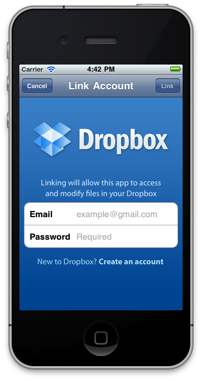 The iOSNotebook Dropbox login screen at first login, running in the iPhone Simulator
